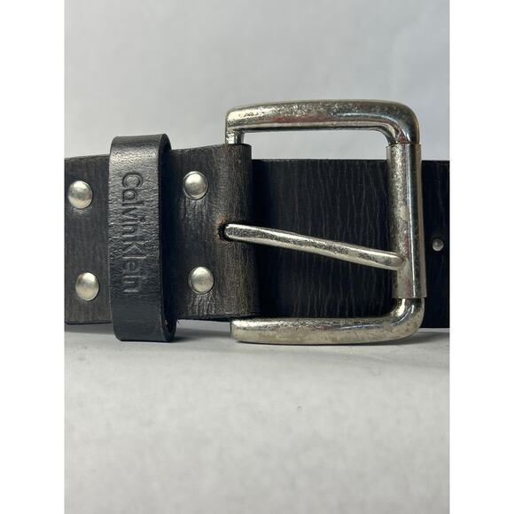 Vintage Calvin Klein Belt Leather Large Black Distressed Studded - Picture 2 of 6
